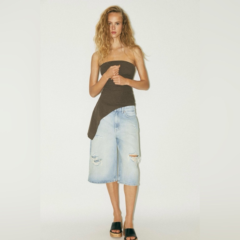Zara Asymmetric Strapless Top in Dark Brown